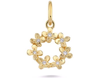 Dije de flor de diamantes en oro de 14 quilates - Colgante de corona navideña hecho a mano