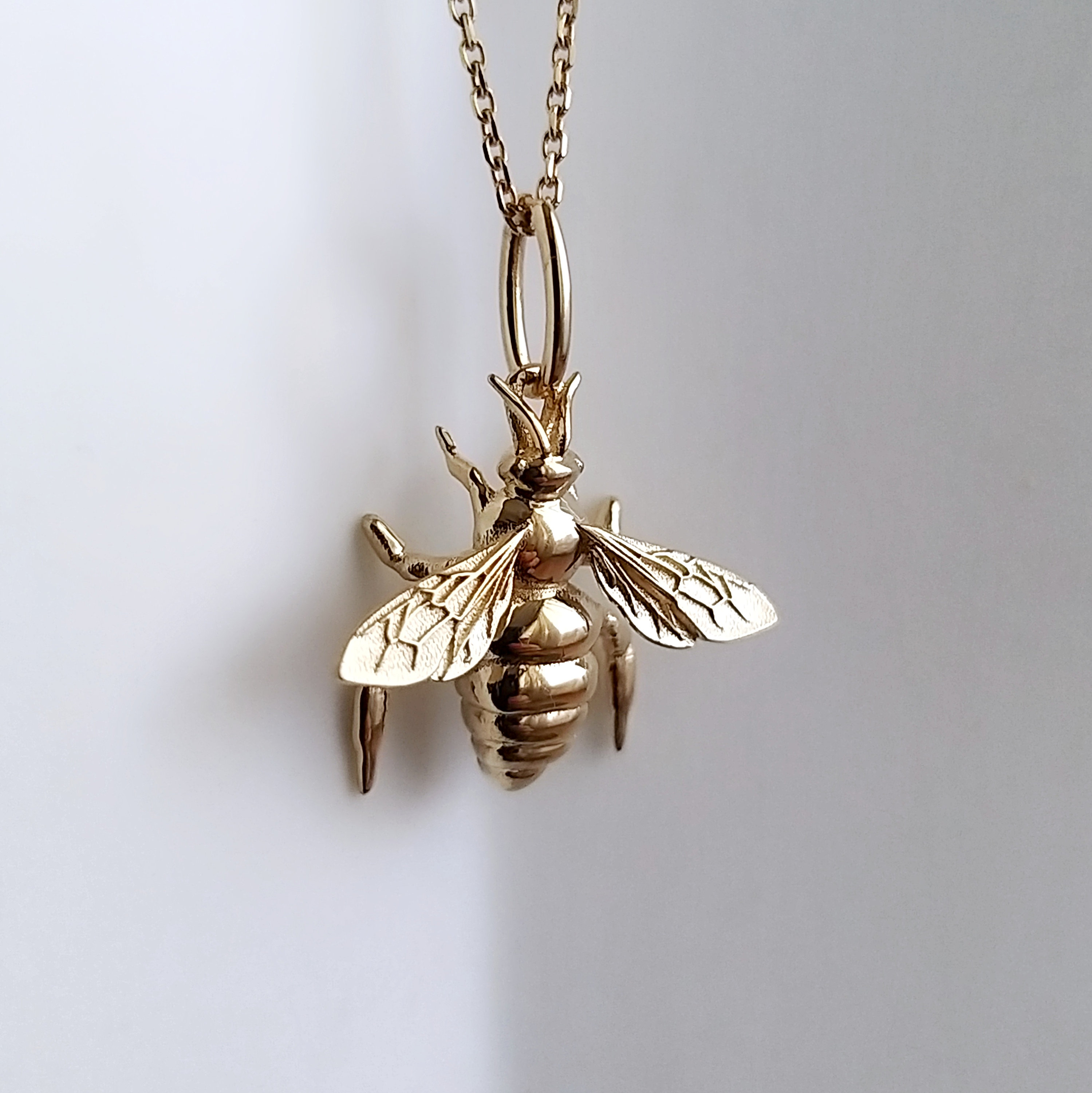 Solid Gold Realistic Bee Charm, Bug Insect Pendant Necklace, Nature