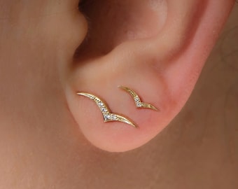 Pendientes de gaviota con diamantes en oro macizo, pendientes asimétricos de oro auténtico de 10K/14K con forma de pájaro, joyería inspirada en la naturaleza