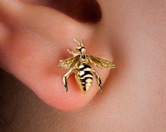 Aretes de abeja con diamantes en oro de 14 quilates: joyería de insectos naturales