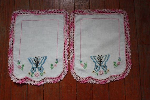 Two Vintage Hand Embroidered Butterfly Dresser Scarves With Etsy