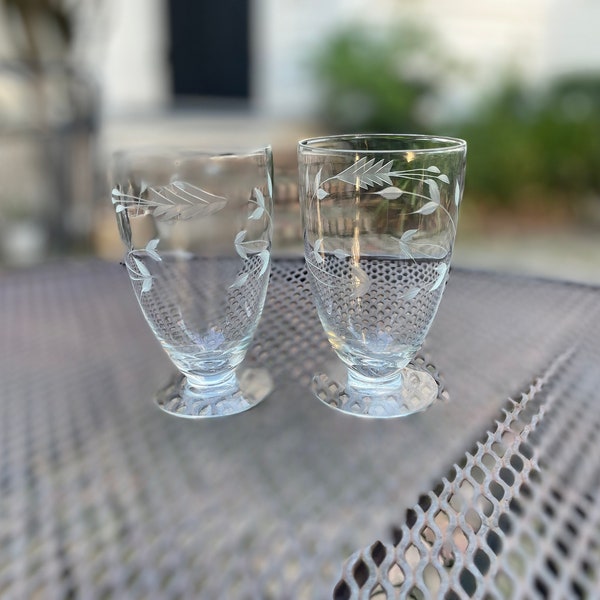 2 Vintage Petite Etched Absinthe/Wine Glasses