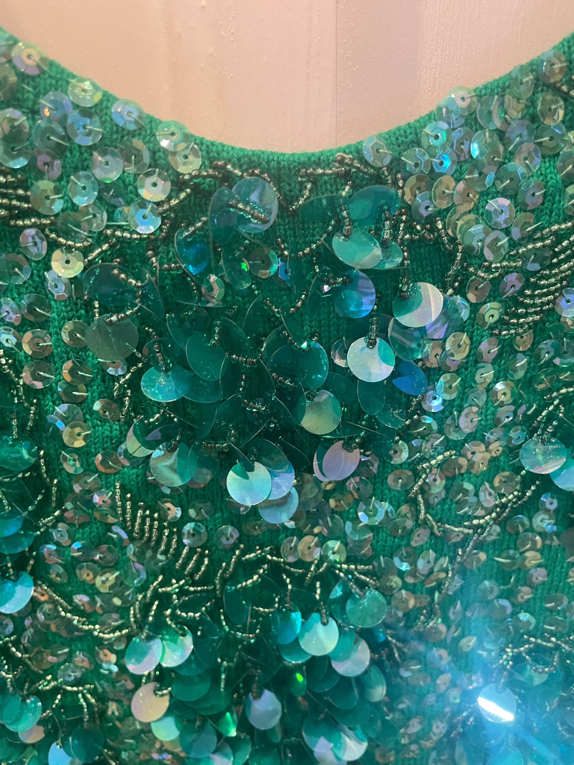 Vintage Green Sequin Top Handmade in British Hong Kong Size M Etsy