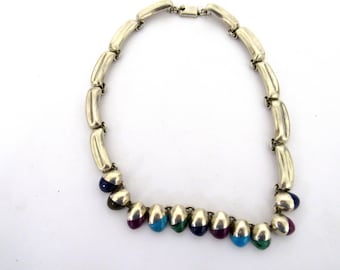 Vintage Taxco Mexico Sterling Silver & Multi Color Stones Necklace (RAR-2)