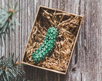 Ceramic Christmas pickle ornament - Pottery green cucumber Christmas tree decoration -  Christmas gift