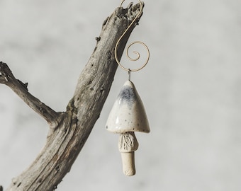 White dotted mushroom Christmas tree ornament - Pottery fungus Christmas tree decoration present - Mushroom charm Christmas gift