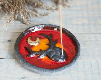 Red ceramic stick incense holder with forest creature - Aroma scent burner plate with golden moon