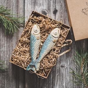 Exclusive vintage Christmas tree decoration fish - Hand made ceramic salmon Christmas ornaments gift