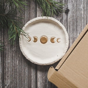 Frankincense burning ceramic plate with moon phases - Lunar phase gold plated cone incense burner tray