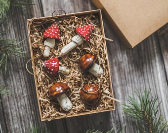 Christmas mushroom ornament set - Set of six mushrooms Christmas decoration - Amanita and Boletus mushroom Christmas gift