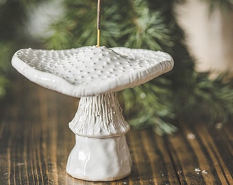 White fly agaric mushroom incense holder - Ceramic amanita stick scent burner plate