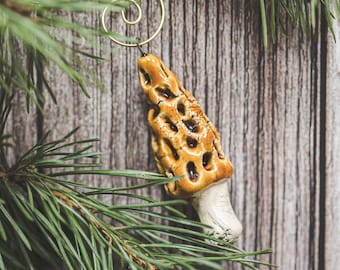 Adorno de cerámica con forma de hongo Gyromitra - Árbol de Navidad de falsa morilla, hecho a mano, estilo bosque