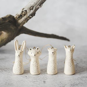 Arbre de Noël - Animaux de la forêt : décorations des fêtes en céramique faites main, renard, ours, raton laveur, lièvre