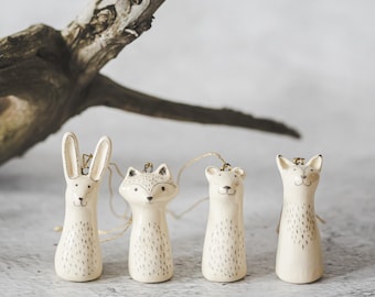 Christmas Tree Woodland Animals: Handmade Ceramic Holiday Ornaments, Fox, Bear, Raccoon, Hare