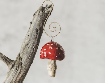 Christmas red toadstool mushroom ornament - Ceramic red fly agaric mushroom Christmas tree decoration - Pottery mushroom Christmas gift