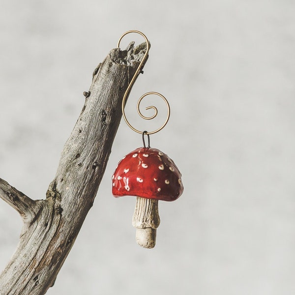 Christmas red toadstool mushroom ornament - Ceramic red fly agaric mushroom Christmas tree decoration - Pottery mushroom Christmas gift