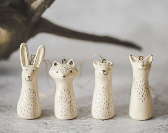 Christmas tree wild animals decoration set of four - Fox, bear, raccoon, hare ceramic Christmas ornaments gift