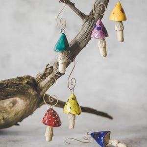 Christmas tree mushroom ornaments with hooks.