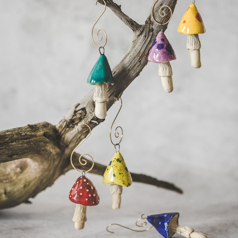 Christmas tree mushroom ornaments with hooks.