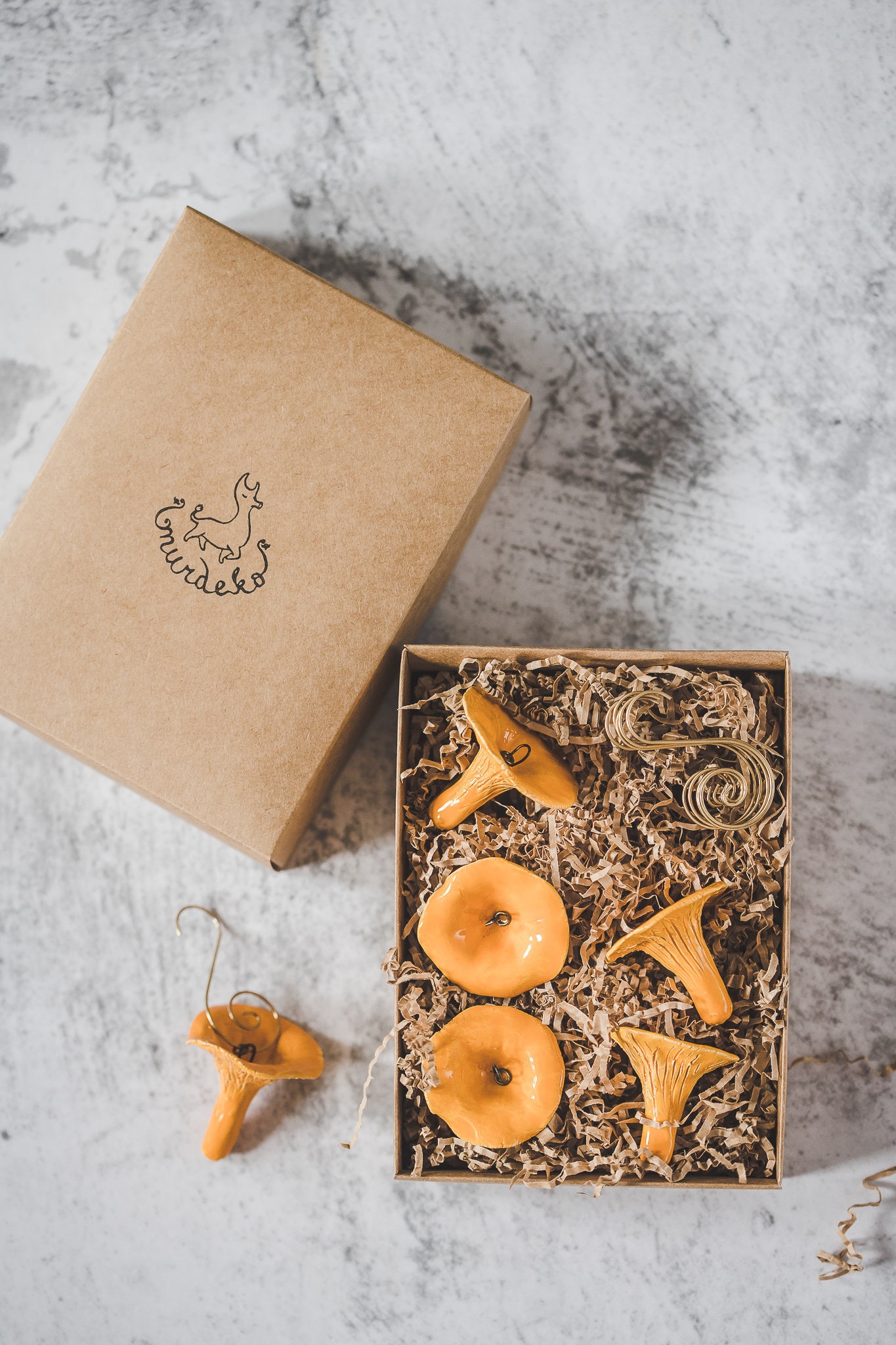 Chanterelle mushroom Christmas tree decoration set - Vintage pottery mushroom ornaments Christmas gift - Ceramic orange mushrooms