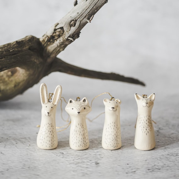 Christmas Tree Woodland Animals: Handmade Ceramic Holiday Ornaments, Fox, Bear, Raccoon, Hare