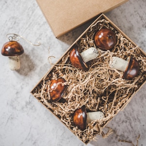 Vintage Brown Boletus Pilze: Weihnachtsschmuck Set mit Haken, Wald Rustikaler Baum Dekor