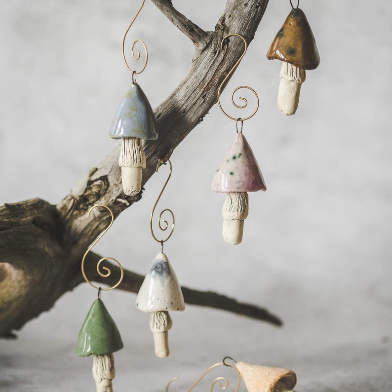 Christmas tree mushroom ornaments with hooks.