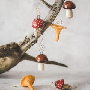 Christmas tree mushroom ornaments with hooks.