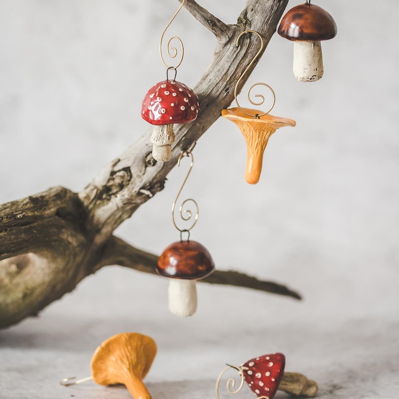 Christmas tree mushroom ornaments with hooks.