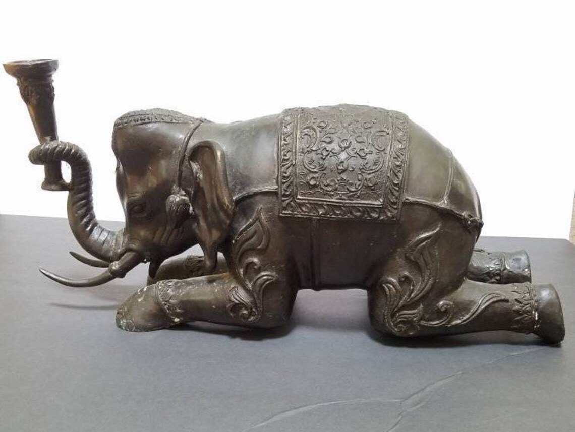 Antique Bronze Kneeling Elephant 20lbs Etsy