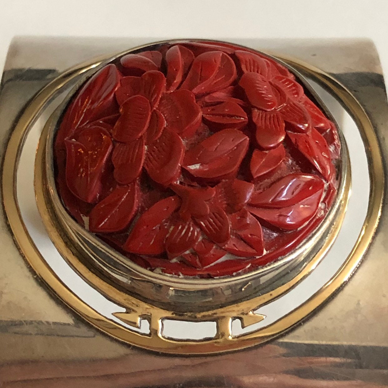 Vintage M J Savitt Art Deco 14K and Sterling Silver Cinnabar