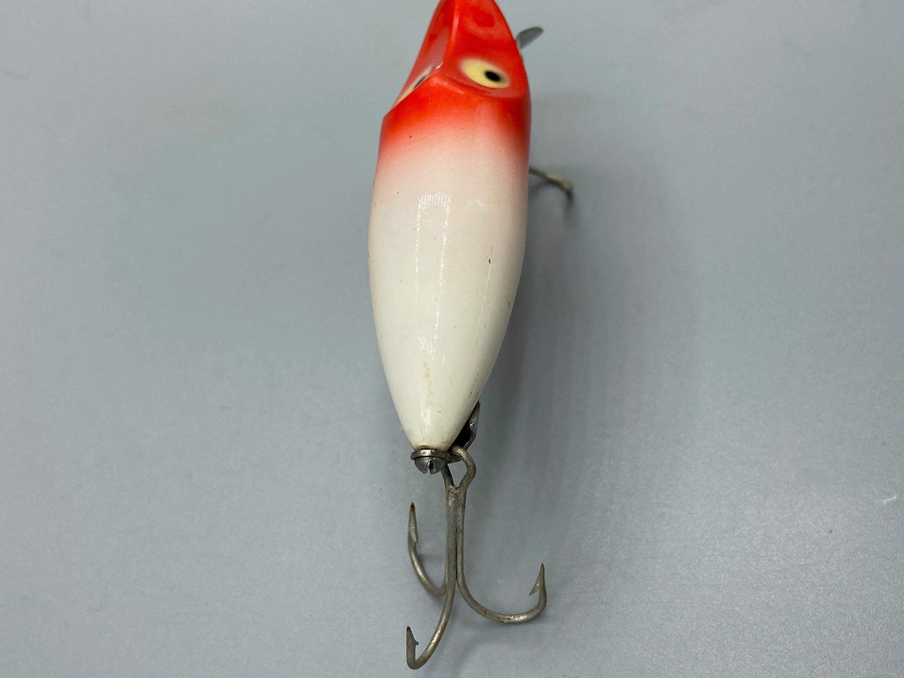 Vintage Fishing Lure, Heddon River Runt, White Red Head