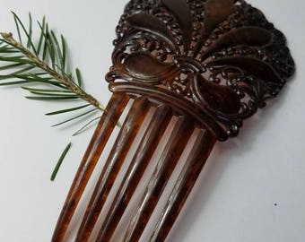 May include: A vintage brown hair comb with an ornate, filigree design. The comb features a decorative top with a floral pattern and long, curved teeth. The comb is made of a translucent material, and a sprig of greenery is in the background.