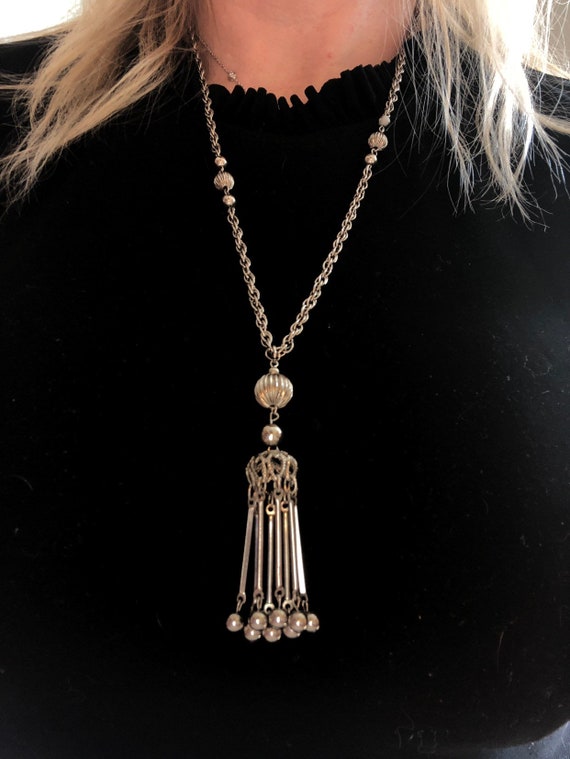 Vintage Necklace Vintage Jewelry Mid-Century Chain Necklace Boho Necklace Pink Enamel Tassel Necklace Pendant Necklace Long Necklace