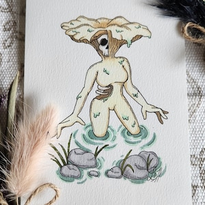 May include: A watercolor illustration depicts a mushroom-headed figure with a skeletal face and exposed ribs, standing in water. The figure is surrounded by rocks and aquatic plants, with a light beige and green color palette. The artwork is on a white paper.