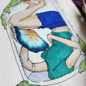 May include: A watercolor illustration of a person trapped inside a glass bottle. The person is wearing a blue and green shirt and has a surprised expression on their face. The text "How did I get in here?... Weird..." is written on the bottle.