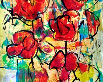 Original painting abstract flowers modern floral home decor wall art 11" #599-2