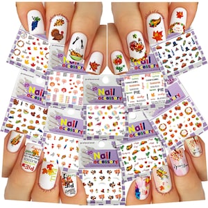 May include: A set of 10 sheets of Thanksgiving themed nail stickers. The stickers feature various designs including turkeys, pumpkins, leaves, and the words "Happy Thanksgiving" and "Blessed".