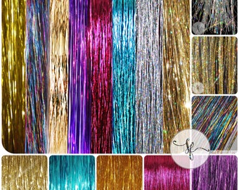 600 Strands 40" Hair Tinsel 8 Colors (Sparkling Silver, Sparkling Gold, Rainbow, Purple, Hot Pink, Gold, Champagne Gold, Blue)