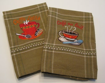 Embroidered Kitchen Towels Khaki Brown Plaid with Coffee designs
