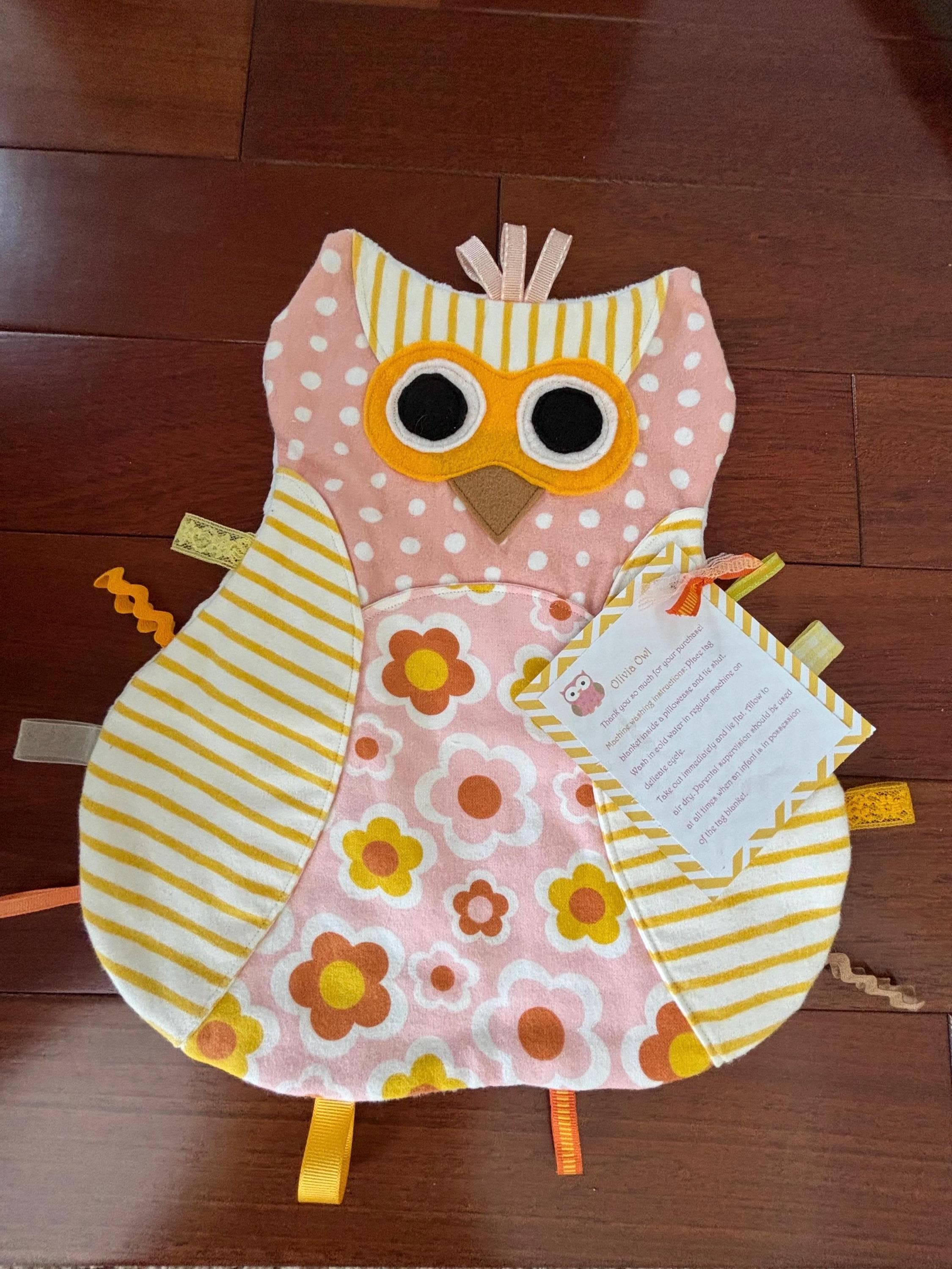 Handmade Baby Tag Animal Olivia Owl Sensory, Ribbon, Security, Lovie Blanket