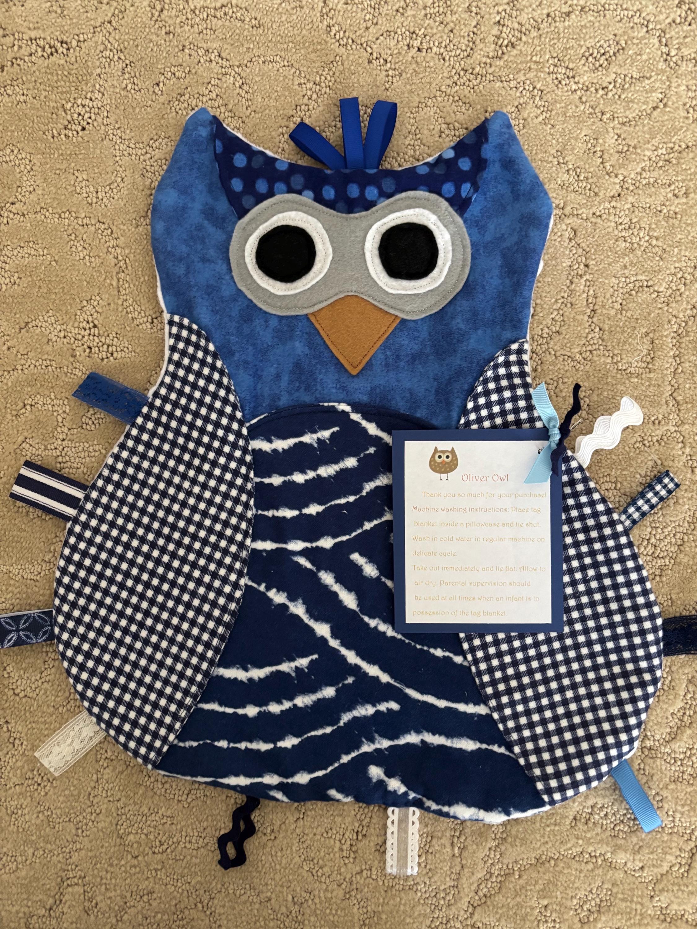 Handmade Baby Tag Animal Oliver Owl Sensory, Ribbon, Security, Lovie Blanket