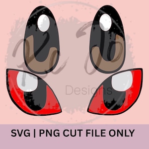 May include: Digital design featuring two pairs of cartoon eyes. The top pair has black pupils with brown accents and white highlights. The bottom pair has red accents and white highlights. The text "SVG | PNG CUT FILE ONLY" is at the bottom.