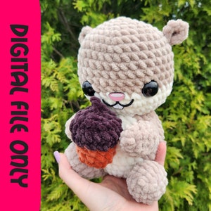 May include: A crocheted plush squirrel toy holding a brown and orange acorn. The squirrel has large black eyes and a pink nose.