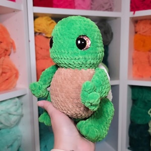 May include: A green crocheted turtle plush toy with a brown shell and sparkly eyes. The toy is being held in a hand.