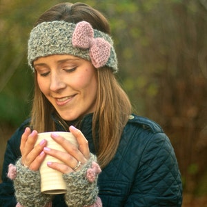 KNITTING PATTERN SET Bonnie Bow Headband and Wristwarmers Set Ear Warmer & Fingerless Gloves image 3