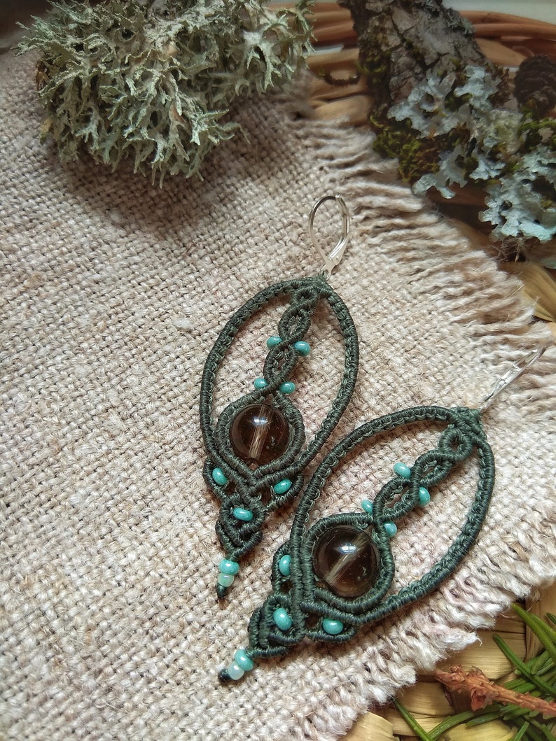 healing crystal birthstone bohemian tribal gypsy Jewelry Boho woven earrings with smokey quartz gemstone spiritual amulet for yogi