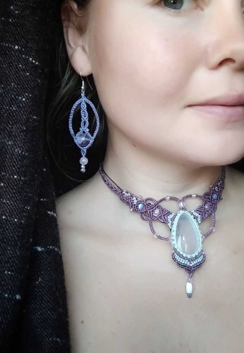 healing crystal birthstone bohemian tribal gypsy Jewelry Boho woven earrings with smokey quartz gemstone spiritual amulet for yogi