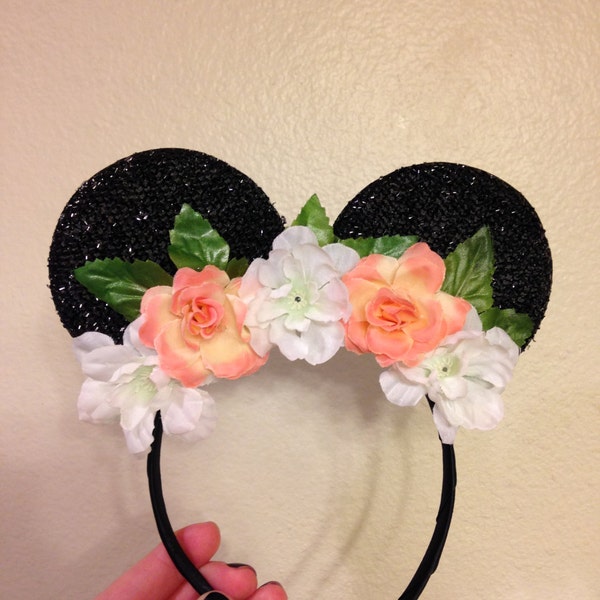 Minnie Mouse ears with white and peach Flower Crown