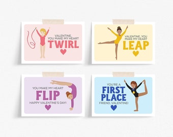 Gymnastics Valentine Cards Printable, Gymnast Valentine Cards for Girls Easy to Print, Gymnastics Valentines, Print at Home Download